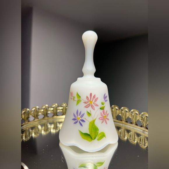 Vintage Fenton White Satin Milk Glass Petite Bell Pink & Purple Flowers 1960s - Picture 3 of 4